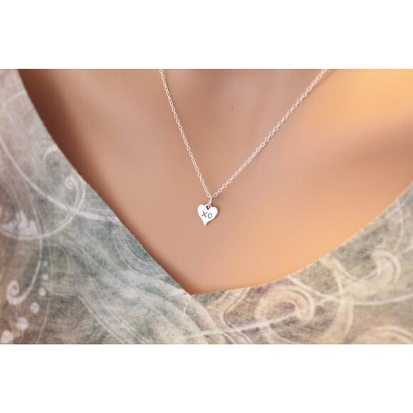 Sterling Silver XO Heart Charm Necklace, XO Hug and Kiss Heart Charm Necklace - Picture 2 of 4